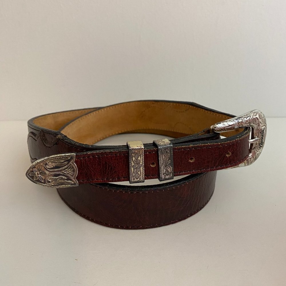 Nocona Zoooz Brown Leather Belt Womens 34 Silver Hardware Western
